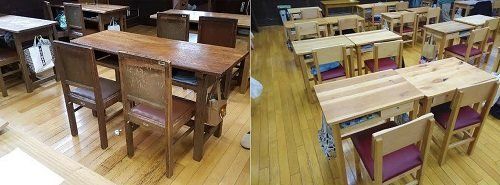 ●80年使っていた机と椅子（左）と、新調された机と椅子（右）