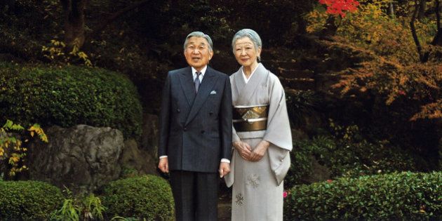 This Dec. 9, 2015 photo released by Imperial Household Agency of Japan shows Japanese Emperor Akihito, left, and Empress Michiko, right, at the Imperial Palace in Tokyo. Emperor Akihito celebrated his 82nd birthday on Dec. 23. (Imperial Household Agency of Japan via AP)