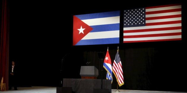 The stage is set with Cuban and U.S. flags beforefor U.S. President Barack Obama addresses the Cuban people from the stage at the Gran Teatro de la Habana Alicia Alonso in Havana March 22, 2016. REUTERS/Jonathan Ernst