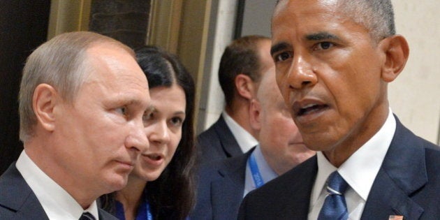 HANGZHOU, CHINA SEPTEMBER 5, 2016: Russia's President Vladimir Putin (L) and US President Barack Obama meet on the sidelines of the G20 summit. Alexei Druzhinin/Russian Presidential Press and Information Office/TASS (Photo by Alexei Druzhinin\TASS via Getty Images)