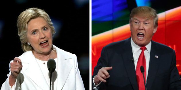 (FILE PHOTO) In this composite image a comparison has been made between US Presidential Candidates Hillary Clinton (L) and Donald Trump. The November 8, 2016 election will decide between Democratic candidate Hillary Clinton and Republican candidate Donald TrumpRomney who will win to become the next President of the United States ***LEFT IMAGE*** PHILADELPHIA, PA - JULY 28: Democratic presidential candidate Hillary Clinton delivers remarks during the fourth day of the Democratic National Convention at the Wells Fargo Center, July 28, 2016 in Philadelphia, Pennsylvania. Democratic presidential candidate Hillary Clinton received the number of votes needed to secure the party's nomination. An estimated 50,000 people are expected in Philadelphia, including hundreds of protesters and members of the media. The four-day Democratic National Convention kicked off July 25. (Photo by Alex Wong/Getty Images) ***RIGHT IMAGE*** LAS VEGAS, NV - DECEMBER 15: Republican presidential candidate Donald Trump during the CNN Republican presidential debate on December 15, 2015 in Las Vegas, Nevada. This is the last GOP debate of the year, with U.S. Sen. Ted Cruz (R-TX) gaining in the polls in Iowa and other early voting states and Donald Trump rising in national polls. (Photo by Justin Sullivan/Getty Images)