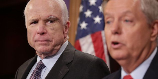 WASHINGTON, DC - JULY 27: Sen. John McCain (R-AZ) (L) and Sen. Lindsey Graham (R-SC) hold a news conference to say they would not support a 'Skinny Repeal' of health care at the U.S. Capitol July 27, 2017 in Washington, DC. The Republican senators said they would not support any legislation to repeal and replace Obamacare unless it was guaranteed to go to conference with the House of Representatives. (Photo by Chip Somodevilla/Getty Images)