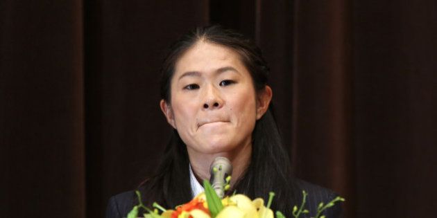 TOKYO, JAPAN - DECEMBER 17: Homare Sawa bites her lips during the news conference on December 17, 2015 in Tokyo, Japan. Sawa, the 37 year-old Japan midfielder and INAC Kobe Leonessa player who won the MVP at the 2011 Women's World Cup announced her retirement from soccer. (Photo by Yuriko Nakao/Getty Images)