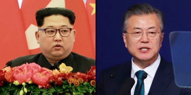 金正恩氏（左）と文在寅氏（右）