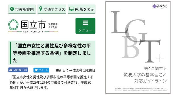 国立市WEBサイト／筑波大学「LGBT等に関する筑波大学の基本理念と対応ガイドライン」より