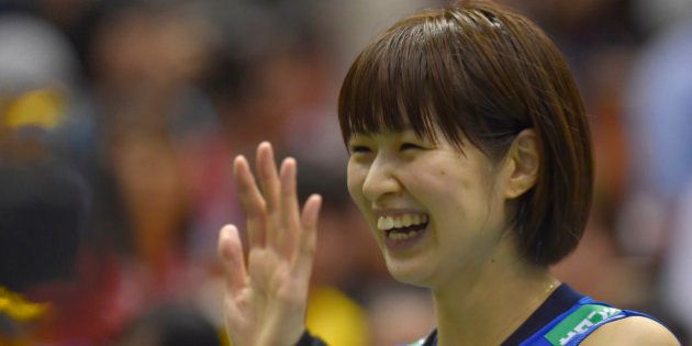 TOKYO, JAPAN - MAY 22: Saori Kimura #3 of Japan waves for fans after winning the Women's World Olympic Qualification game between Netherlands and Japan at Tokyo Metropolitan Gymnasium on May 22, 2016 in Tokyo, Japan. (Photo by Koki Nagahama/Getty Images)