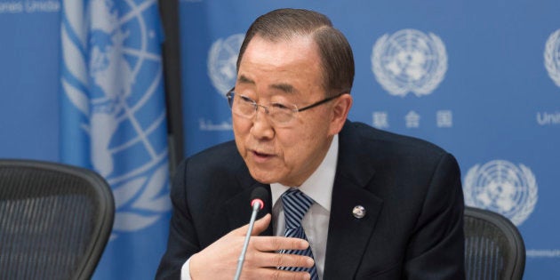 UN HEADQUARTERS, NEW YORK, NY, UNITED STATES - 2016/12/16: United Nations Secretary-General Ban Ki-moon holds an 'end-of-term' press briefing at UN Headquarters. The press briefing, occurring at the conclusion the same week that saw the swearing in of Ban Ki-moon's successor Antonio Guterres, is the final official press event of the Secretary-General's 10-year tenure. (Photo by Albin Lohr-Jones/Pacific Press/LightRocket via Getty Images)