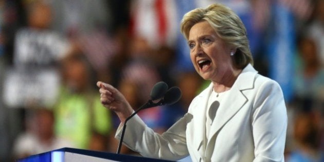 PHILADELPHIA, USA - JULY 29: The nominee of the Democratic Party for President of the United States Hillary Clinton delivers a speech during a congress ahead of 58th Presidential election on November 08, in Philadelphia, USA on July 29, 2016. Hillary Clinton is the first female Presidential nominee in U.S. history. (Photo by Volkan Furuncu/Anadolu Agency/Getty Images)