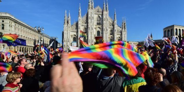 Supporters of the bill 'Cirinna' to be voted at the Italian Senate allowing gay civil unions, demonstrate on February 21, 2016 at Piazza Duomo in Milan. Italy's Senate suspended last week a debate over legislation allowing gay civil unions after the populist Five Star Movement (M5S) scuppered a move to push the historic bill through the upper house unscathed. / AFP / GIUSEPPE CACACE (Photo credit should read GIUSEPPE CACACE/AFP/Getty Images)