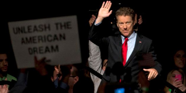 Sen. Rand Paul, R-Ky. waves as he arrives to announce the start of his presidential campaign, Tuesday, April 7, 2015, at the Galt House Hotel in Louisville, Ky. Paul launched his 2016 presidential campaign Tuesday with a combative message against both Washington and his fellow Republicans, declaring that