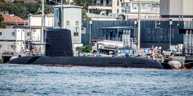 GARDEN ISLAND, SYDNEY, NSW, AUSTRALIA - 2016/04/16: The Japanese Soryu-class submarine JS Hakuryu and two destroyers are training with Australian military forces and impress with their bid to win the contract to replacement Australia's Collins Class fleet. The historic arrival is the first time a Japanese submarine has entered Sydney Harbour since 1942, when three Japanese midget submarines slipped into the harbour and one attacked an Australian navy vessel, killing 21 sailors. (Photo by Hugh Peterswald/Pacific Press/LightRocket via Getty Images)