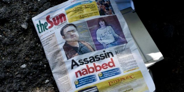 Pictured of Malaysian newpaper story about Kim Jong-nam's murder case at outside of Institute of Forensic Medicine of Kuala Lumpur Hospital on February 16, 2017. 45-year-old Kim Jong-nam was assassinated at the KLIA2 airport in Malaysia. (Photo by Chris Jung/NurPhoto via Getty Images)