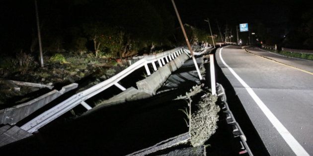 MASHIKI, JAPAN - APRIL 16: A road newly damaged by the 7.3 magnitude earthquake is seen on April 16, 2016 in Mashiki, Kumamoto, Japan. A 7.3 magnitude earthquake hit Kumamoto prefecture once again on April 16, 2016 after the 6.4 earthquake on April 14, 2016 killed nine people. (Photo by Taro Karibe/Getty Images)