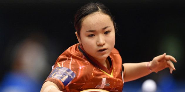TOKYO, JAPAN - JANUARY 15: Mima Ito of Japan competes against Miu Hirano of Japan in the Women's Singles semi final during the day four of All Japan Table Tennis Championships 2015 at Tokyo Metropolitan Gymnasium on January 15, 2015 in Tokyo, Japan. (Photo by Atsushi Tomura/Getty Images)