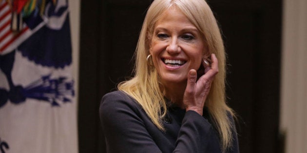 WASHINGTON, DC - JANUARY 31: White House Counselor to the President Kellyanne Conway waits for the arrival of U.S. President Donald Trump for a meeting on cyber security in the Roosevelt Room at the White House January 31, 2017 in Washington, DC. Citing the hack of computers at the Democratic National Committee by Russia, Trump said that the private and public sectors must do more to prevent and protect against cyber attacks. (Photo by Chip Somodevilla/Getty Images)