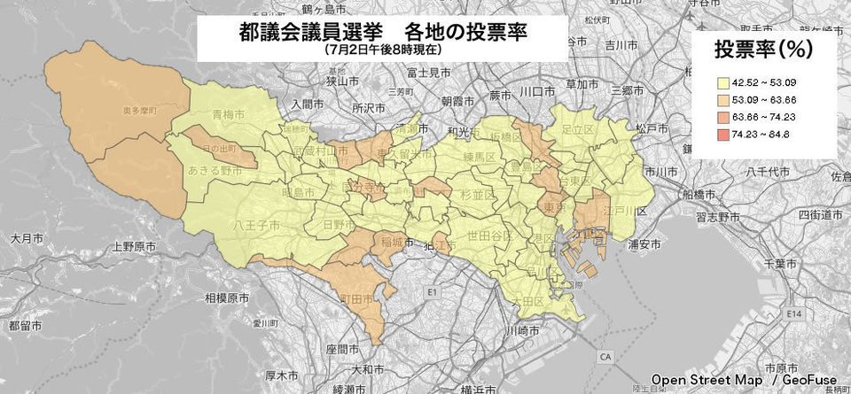 東京都議選 各地の投票率は 市区町村マップ 午後8時現在 ハフポスト