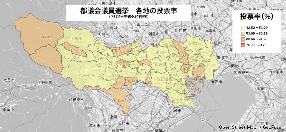 東京都議選 各地の投票率は 市区町村マップ 午後8時現在 ハフポスト