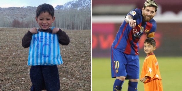 TOPSHOT - (COMBO) This combination of pictures created on December 14, 2016 in Paris shows then five-year-old Afghan boy and Lionel Messi fan Murtaza Ahmadi posing with his plastic bag jersey in Jaghori district of Ghazni province in a photograph provided by the boy's family and taken on January 24, 2016 (L), and FC Barcelona's Argentine forward Lionel Messi talking to Murtaza Ahmadi on the pitch before the start of a friendly football match against Saudi Arabia's Al-Ahli FC on December 13, 2016 in the Qatari capital Doha. Murtaza Ahmadi, the Afghan boy who became an internet sensation after pictures of him wearing an improvised Lionel Messi football shirt went viral, finally got to meet his superstar idol on December 13, 2016. Murtaza Ahmadi met the Barcelona forward in Doha, where the Spanish league champions played a friendly match against Saudi Arabian side Al-Ahli later. Six-year-old Murtaza, from the rural Ghazni province southwest of Kabul, walked out onto the pitch as a mascot hand-in-hand with the Argentinian at the start of the match at Doha's Al-Gharrafa stadium. / AFP / STR AND Karim JAAFAR (Photo credit should read STR,KARIM JAAFAR/AFP/Getty Images)