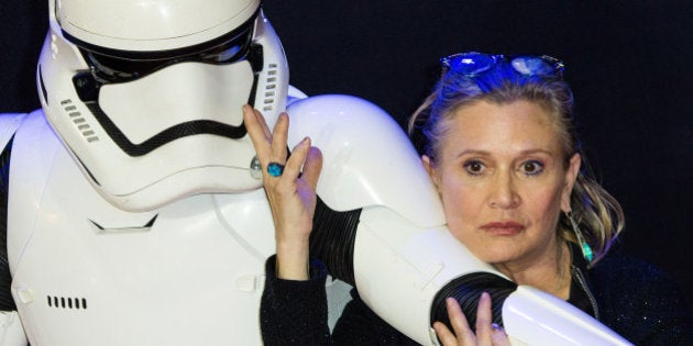 LONDON, ENGLAND - DECEMBER 16: Carrie Fisher attends the European premiere of 'Star Wars: The Force Awakens' at Leicester Square on December 16, 2015 in London, England. (Photo by Jeff Spicer/Getty Images)