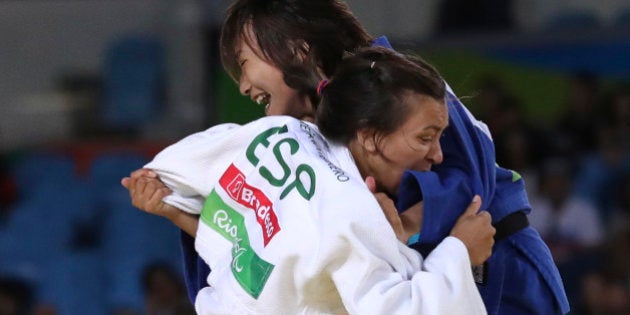 2016 Rio Paralympics - Judo - Final - Women's 57 kg Bronze Medal Final A - Carioca Arena 3 - Rio de Janeiro, Brazil - 09/09/2016. Maria Monika Merenciano Herrero (front) of Spain competes with Junko Hirose of Japan. REUTERS/Ueslei Marcelino FOR EDITORIAL USE ONLY. NOT FOR SALE FOR MARKETING OR ADVERTISING CAMPAIGNS.