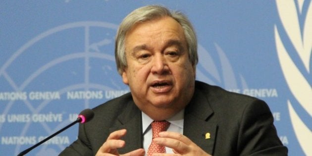 GENEVA, SWITZERLAND - DECEMBER 18: United Nations High Commissioner for Refugees Antonio Guterres holds a press conference in United Nations (UN) office in Geneva, Switzerland on December 18, 2015. (Photo by Fatih Erel/Anadolu Agency/Getty Images)