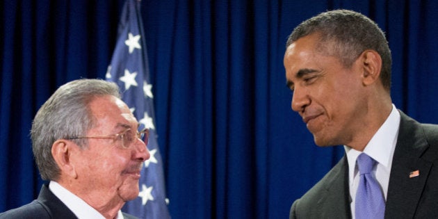 FILE - In this Sept. 29, 2015 file photo, President Barack Obama stands with Cuba's President Raul Castro before a bilateral meeting at the United Nations headquarters. The president is now staring down 11 months before his successor is chosen in an election shaping up to be a referendum on his leadership at home and abroad. He stirs deep anger among many Republicans, a constant reminder of his failure to make good on campaign promises to heal Washingtonâs divisiveness. But he remains popular among Democrats and foresees a role campaigning for his partyâs nominee in the general election. (AP Photo/Andrew Harnik, File)