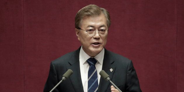 South Korean President Moon Jae-in delivers a speech at the National Assembly in Seoul, South Korea June...