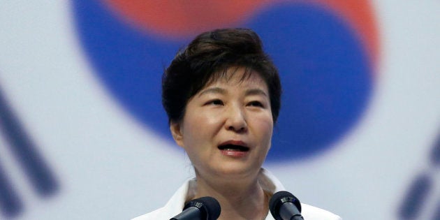 South Korean President Park Geun-hye speaks during a ceremony to celebrate Korean Liberation Day from Japanese colonial rule in 1945, in Seoul, South Korea, Saturday, Aug. 15, 2015. (Kim Hong-Ji/Pool Photo via AP)