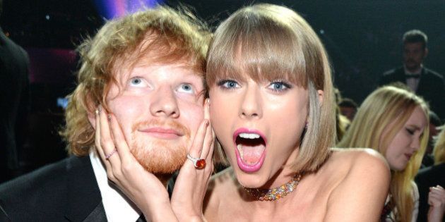 LOS ANGELES, CA - FEBRUARY 15: Ed Sheeran and Taylor Swift attends The 58th GRAMMY Awards at Staples Center on February 15, 2016 in Los Angeles, California. (Photo by Kevin Mazur/WireImage)