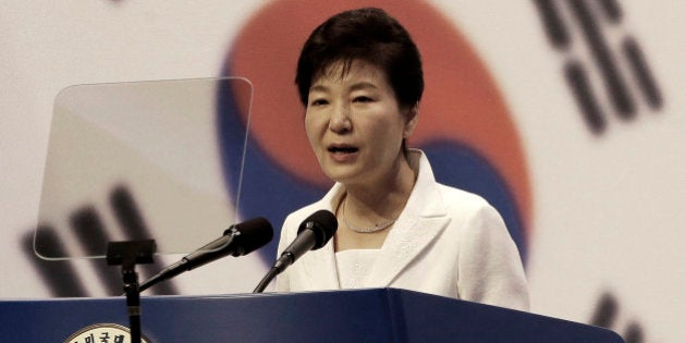 South Korean President Park Geun-hye delivers a speech during a ceremony to celebrate Korean Liberation Day from Japanese colonial rule in 1945, at Seong Cultural Center in Seoul, South Korea, Saturday, Aug. 15, 2015. (AP Photo/Ahn Young-joon)