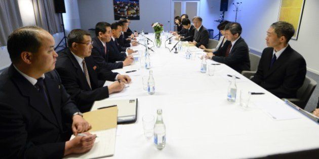 A Japanese delegation led by Junichi Ihara (4th R), the director general of the foreign ministry's Asian and Oceanian Affairs Bureau, and a delegation from North Korea led by Song Il Ho (5th L), ambassador for talks to normalise relations with Japan, meet in Stockholm on May 26, 2014. The meeting in the Swedish capital takes place after the two countries held their first official talks in 16 months in China in March, speaking on a range of issues including the abduction issue and North Korea's nuclear weapons programme. AFP PHOTO / JONATHAN NACKSTRAND (Photo credit should read JONATHAN NACKSTRAND/AFP/Getty Images)