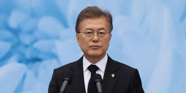 SEOUL, SOUTH KOREA - JUNE 06: South Korean President Moon Jae-in speaks during a ceremony marking Korean Memorial Day at the Seoul National cemetery on June 6, 2017 in Seoul, South Korea. South Korea marks the 62th anniversary of the Memorial Day for people who died during the military service in the 1950-53 Korean War. (Photo by Chung Sung-Jun/Getty Images)