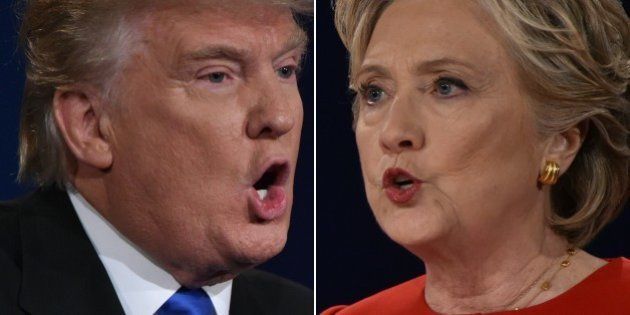 In this Combination of pictures taken on September 26, 2016, Republican nominee Donald Trump and Democratic nominee Hillary Clinton face off during the first presidential debate at Hofstra University in Hempstead, New York. / AFP / Paul J. Richards (Photo credit should read PAUL J. RICHARDS/AFP/Getty Images)