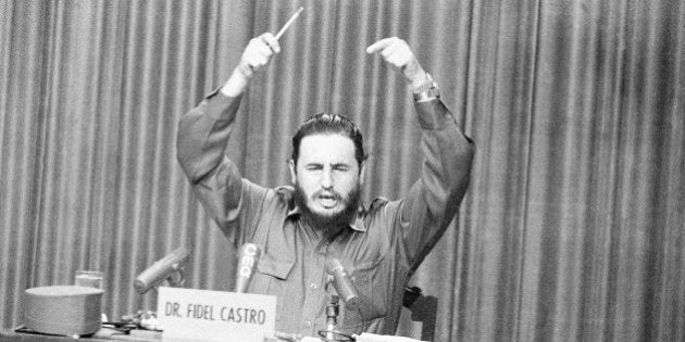 Premier Fidel Castro gestures angrily as he censured resigned provincial military commander Major Hubert Matos for what he called conspiratorial activities against his government in Havana Oct. 22, 1959. Castro on the same television appearance accused planes based in the United States of bombing Cuba and said this was linked to Matosâ conspiracy. (AP Photo)