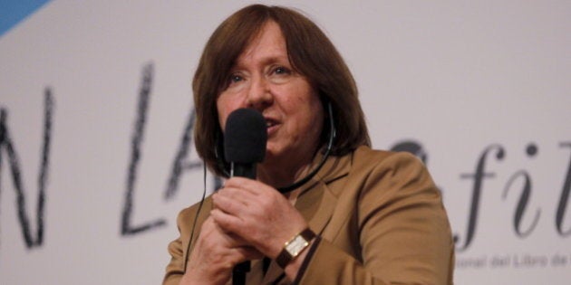 The 2015 Nobel literature laureate Svetlana Alexievich speaks during a meeting at the 29th International Book Fair or FILBO in Bogota, Colombia, April 21, 2016. REUTERS/John Vizcaino