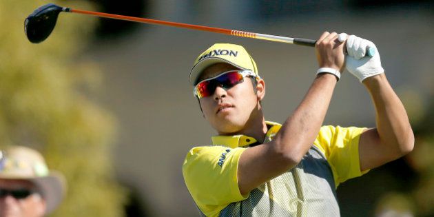 Hideki Matsuyama of Japan, tees off on the fifth hole during the final round of the Phoenix Open golf tournament, Sunday, Feb. 7, 2016, in Scottsdale, Ariz. (AP Photo/Rick Scuteri)