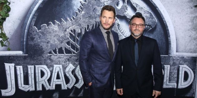 Chris Pratt, left, and director/writer Colin Trevorrow arrive at the Los Angeles premiere of