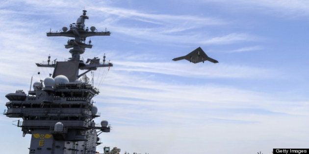 ATLANTIC OCEAN - MAY 14: In this handout released by the U.S. Navy courtesy of Northrop Grumman, an X-47B Unmanned Combat Air System (UCAS) demonstrator flies over after launching from the aircraft carrier USS George H.W. Bush (CVN 77) May 14, 2013 in the Atlantic Ocean. George H.W. Bush is the first aircraft carrier to successfully catapult-launch an unmanned aircraft from its flight deck. The Navy plans to have unmanned aircraft on each of its carriers to be used for surveillance and be armed and used in combat roles. (Photo by Alan Radecki/U.S. Navy/Northrop Grumman via Getty Images)