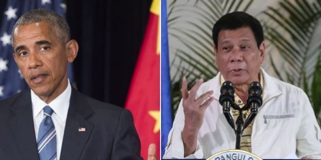 This combination image of two photographs taken on September 5, 2016 shows, at left, US President Barack Obama speaking during a press conference following the conclusion of the G20 summit in Hangzhou, China, and at right, Philippine President Rodrigo Duterte speaking during a press conference in Davao City, the Philippines, prior to his departure for Laos to attend the ASEAN summit. US President Barack Obama on September 5 called a planned meeting with Rodrigo Duterte into question after the Philippine leader launched a foul-mouthed tirade against him. / AFP / Saul LOEB AND MANMAN DEJETO (Photo credit should read SAUL LOEB,MANMAN DEJETO/AFP/Getty Images)