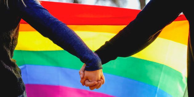 Two lesbian girls holding hands and rainbow flag