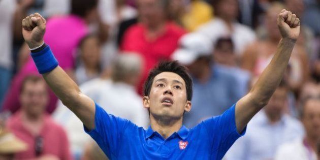 Kei Nishikori of Japan celebrates his victory over Andy Murray of Great Britain in their 2016 US Open men's singles quarterfinals match at the USTA Billie Jean King National Tennis Center on September 7, 2016 in New York.Former finalist Kei Nishikori of Japan shocked second-seeded Andy Murray in five sets on to reach the semi-finals of the US Open. / AFP / DON EMMERT (Photo credit should read DON EMMERT/AFP/Getty Images)