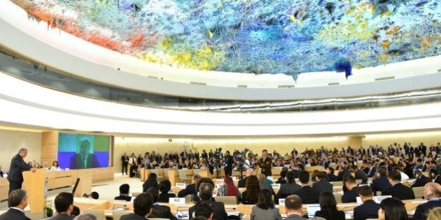 GENEVA, SWITZERLAND - FEBRUARY 27: UN Secretary-General Antonio Guterres (L) delivers a speech during the 34th session of the United Nations Human Rights Council at the United Nations office in Geneva, Switzerland on February 27, 2017. (Photo by Mustafa Yalcin/Anadolu Agency/Getty Images)