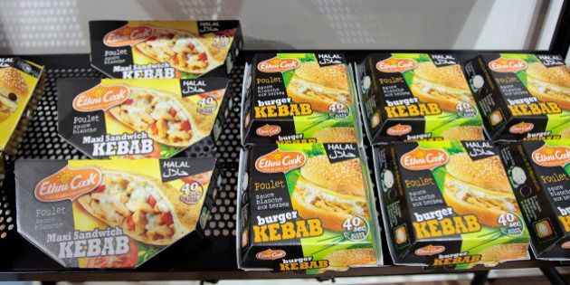 A picture taken on March 31, 2010 shows boxes of Kebab burgers shown during the Halal expo, part of the 'Foods&goods' fair at the Porte de Versailles exhibition center in Paris. The expo, running until March 31, 2010, is a professional trade show for sellers and buyers, devoted entirely to halal foostuffs such as food and beverage, cosmetics, fashion, consumables... AFP PHOTO JACQUES DEMARTHON (Photo credit should read JACQUES DEMARTHON/AFP/Getty Images)