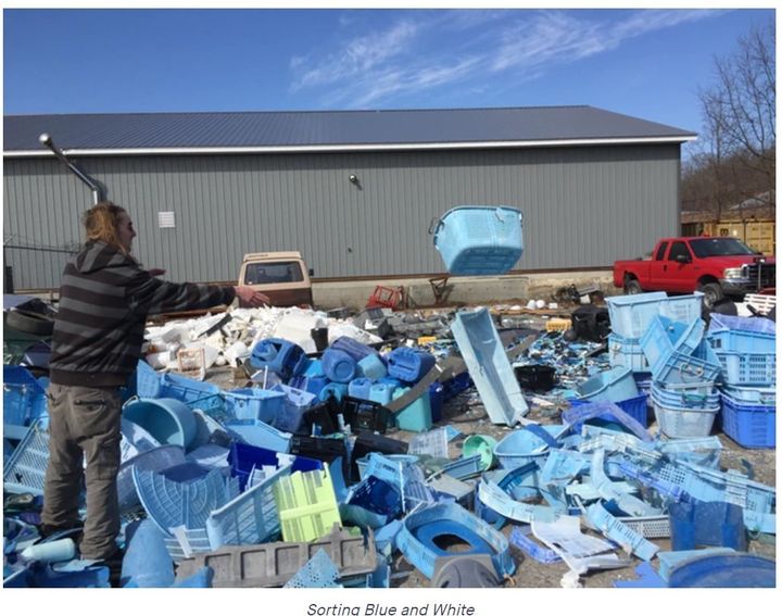 集めたプラスチックごみを青と白に仕分ける＝Studio KCAによる、クジラの制作経費を募るファンディングサイトから