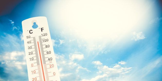 Tropical temperature, measured on an outdoor thermometer, global heat wave, environment concept.