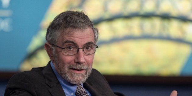 Nobel Prize-winning economist Paul Krugman speaks at the Challenges of Job-Rich and Inclusive Growth - Session 2: Public debt, public investment, and growth talk at George Washington University in Washington,DC on October 8, 2014 at the start of the annual IMF/World Bank meetings. AFP PHOTO/Nicholas KAMM (Photo credit should read NICHOLAS KAMM/AFP/Getty Images)