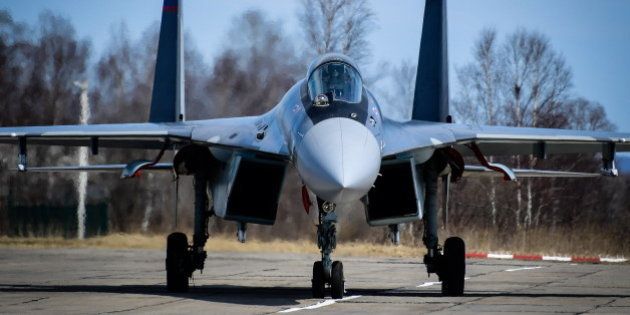 PRIMORYE TERRITORY, RUSSIA - APRIL 7, 2017: A Sukhoi Su-35S multirole fighter aircraft seen after performing a flight during the 2nd qualification round of the 2017 Aviadarts contest of military pilots at Tsentralnaya-Uglovaya airfield. Pilots conduct air reconnaissance, perform aerobatics, penetrate air defense system and engage ground targets during the competition. Yuri Smityuk/TASS (Photo by Yuri Smityuk\TASS via Getty Images)