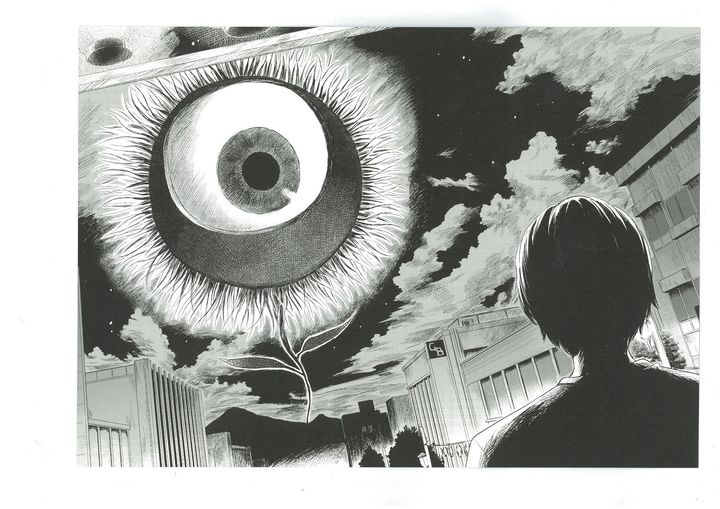 「惡の華」では、ルドンの有名な目玉の絵が象徴的に描かれている