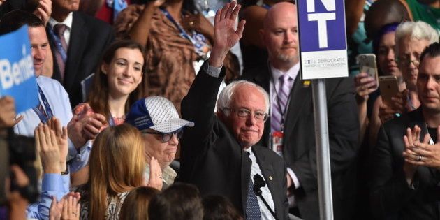PHILADELPHIA, PA - JULY 26:Senator Bernie Sanders along with the Vermont delegation and his wife Jane O'Meara Sanders cast their roll call vote, during the second day of the Democratic National Convention in Philadelphia on Tuesday, July 26, 2016. (Photo by Ricky Carioti/The Washington Post via Getty Images)