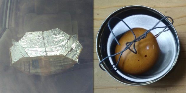 車内に設置した簡易のソーラークッカー（左）と水を張った黒塗りの空き缶の中に沈めた卵（右）